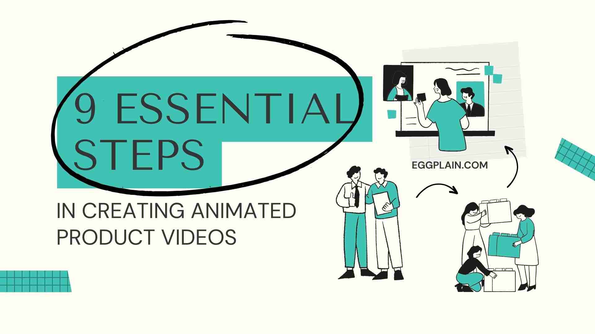 3 sequence showing a group of people discussing, with text says 9 essential steps in creating animation product videos